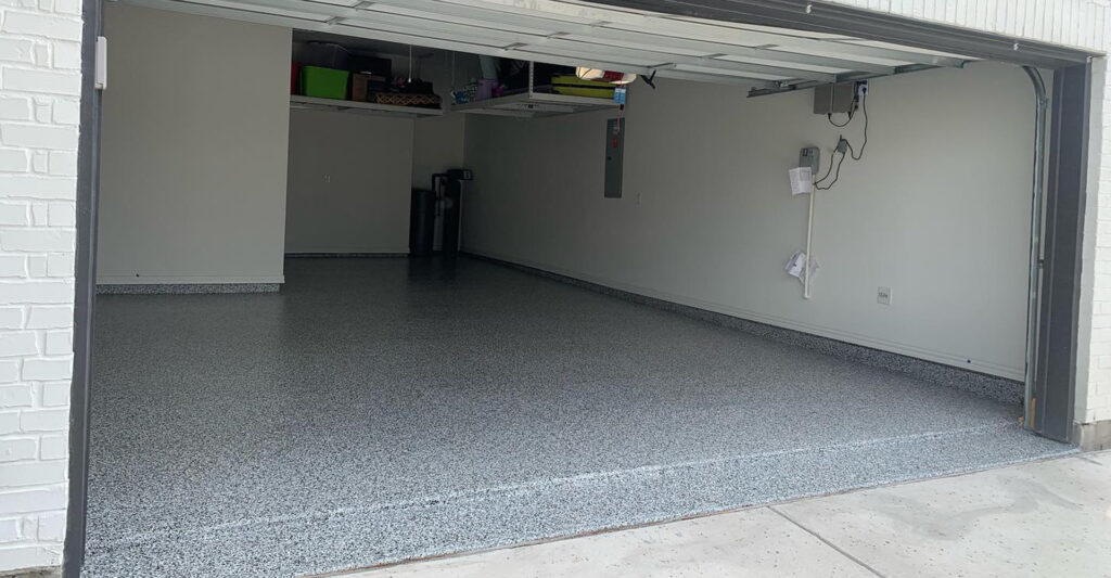 Decorative garage concrete patio with slip-resistant finish