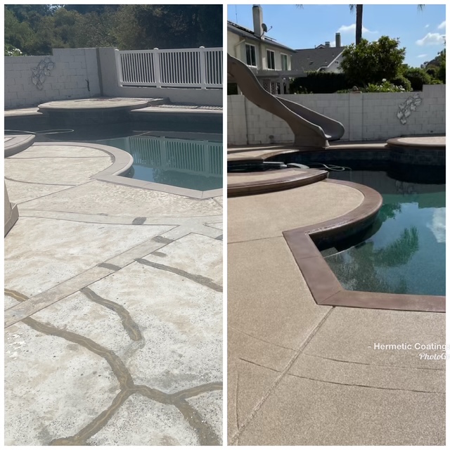 before and after of pool deck coatings for a Utah home by Hermetic Coatings