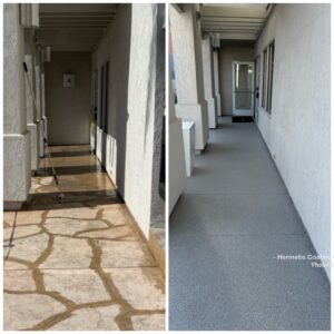 Before and after of an outdoor walkway coated with concrete coatings by Hermetic Coatings, showcasing enhanced durability and aesthetic appeal