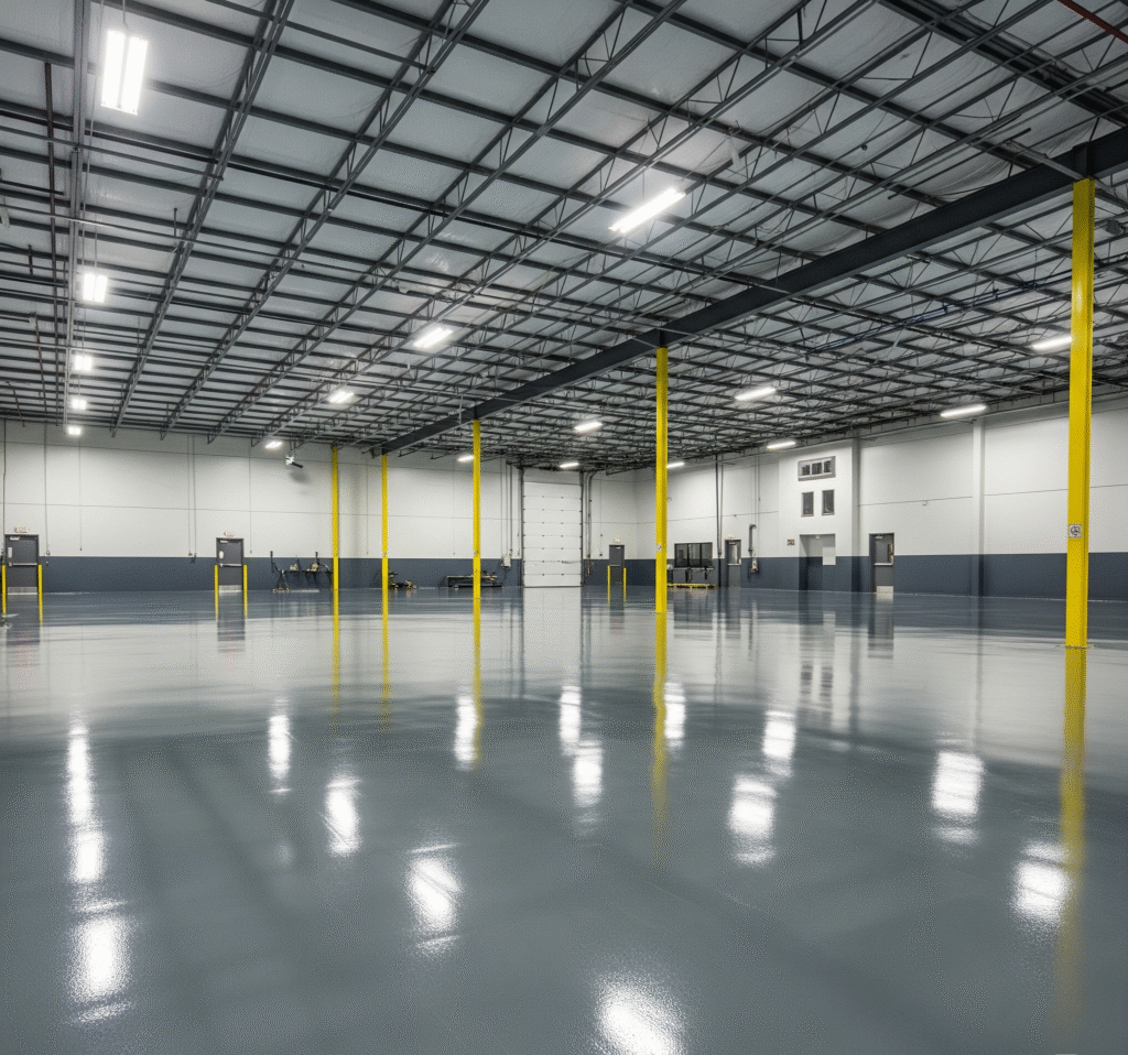 A spacious commercial warehouse with a gleaming, grey epoxy floor coatings in Utah by Hermetic Coatings