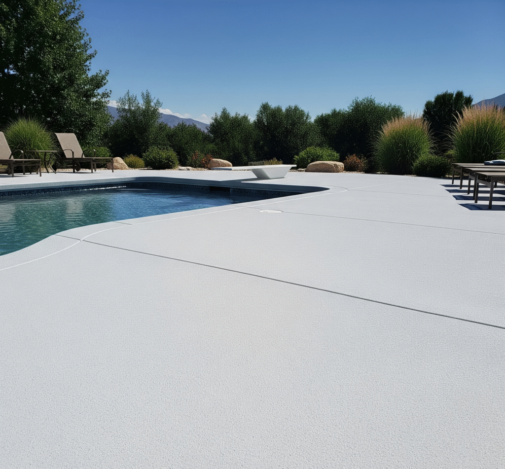 A bright, cool-toned pool deck in Utah designed to stay cool in the sun, with a swimming pool and distant mountains by Hermetic Coatings