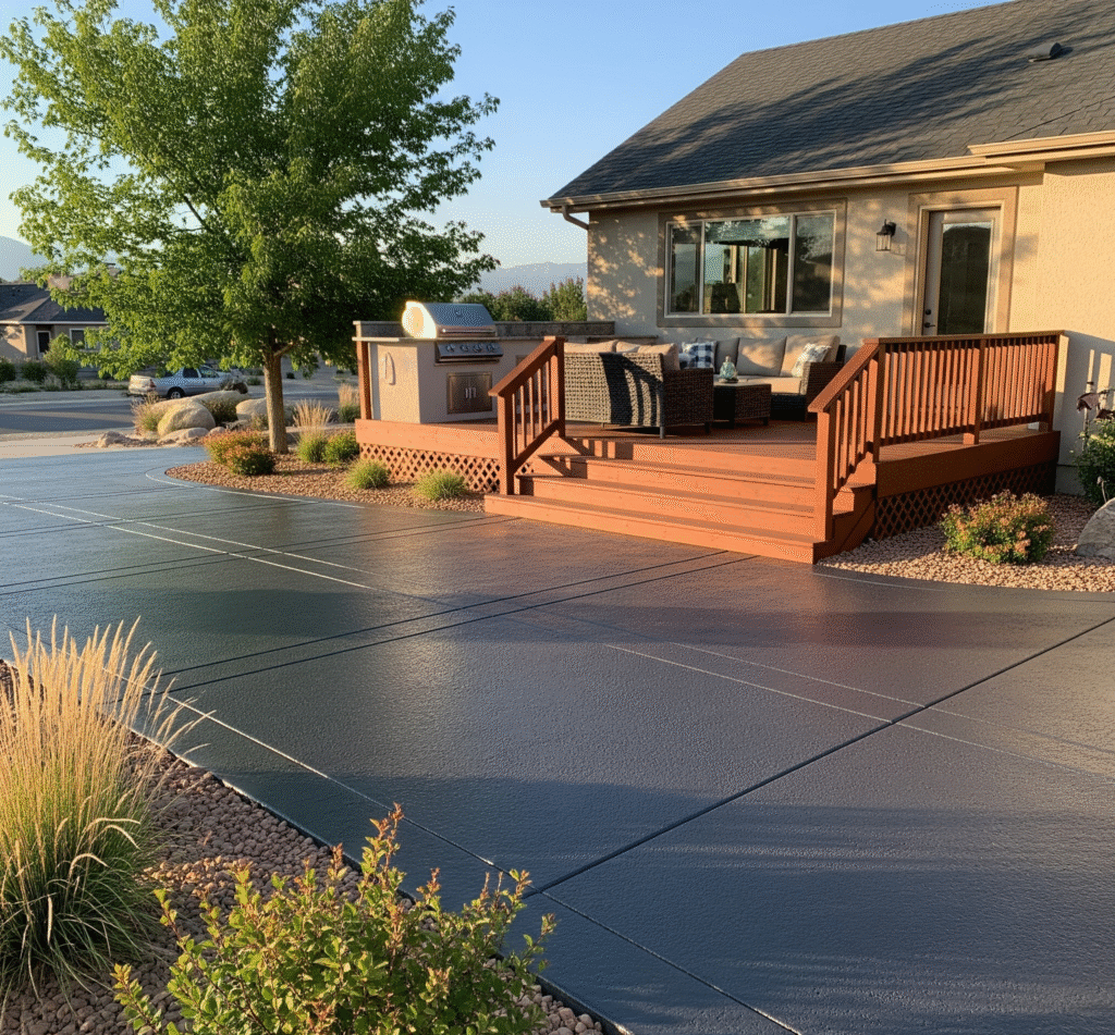 A modern Utah home features a newly coated dark gray driveway and a rich mahogany-stained deck with outdoor furniture in Utah by Hermetic Coatings