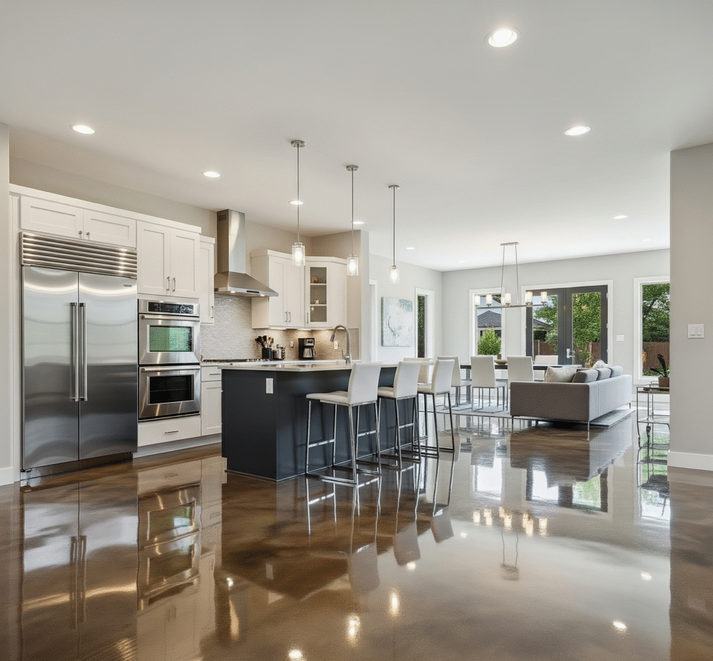 A spacious open-plan kitchen and living area with glossy, reflective epoxy flooring in warm brown tones in Utah by Hermetic Coatings