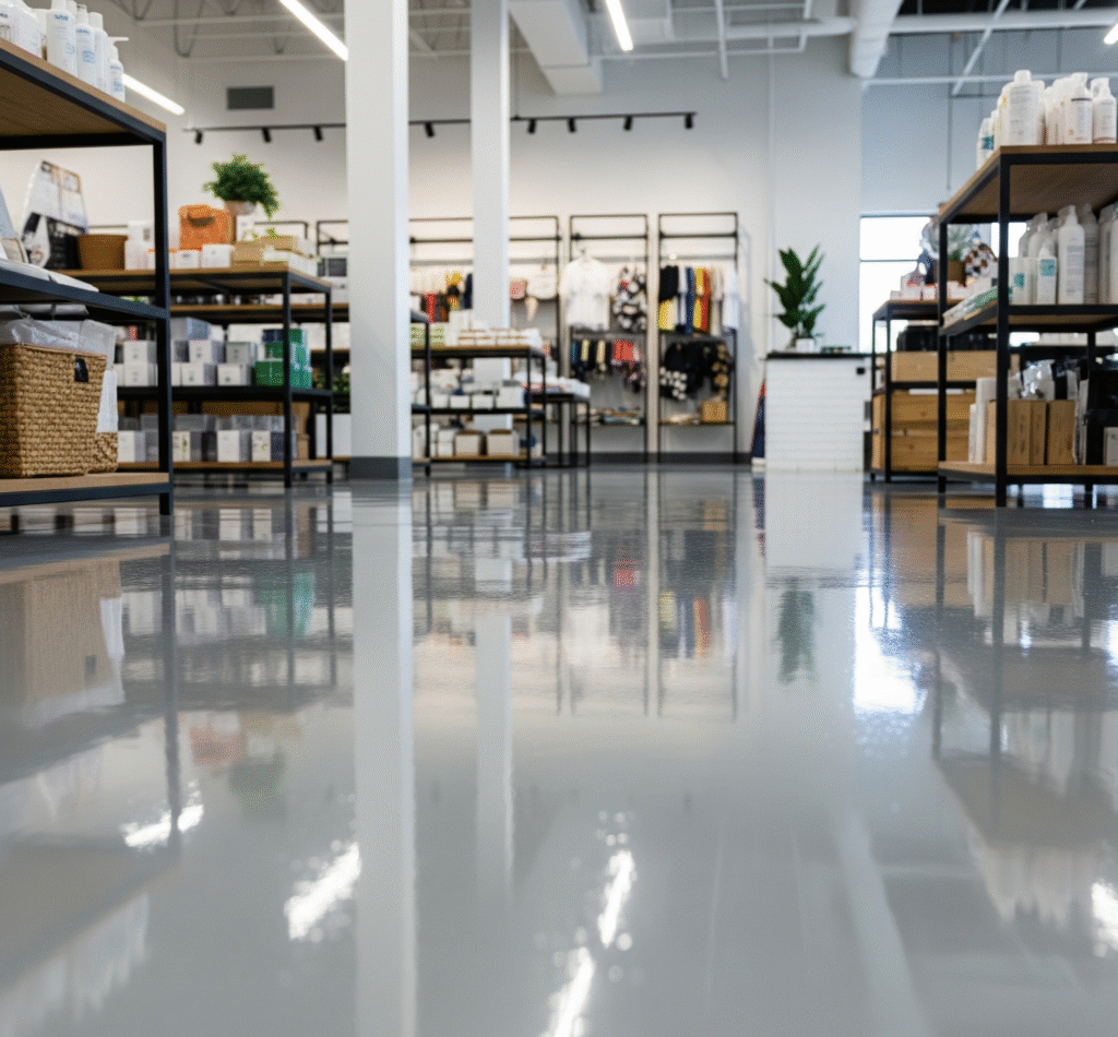 A polished, light gray epoxy floor in a retail store with shelves and products visible in Utah by Hermetic Coatings