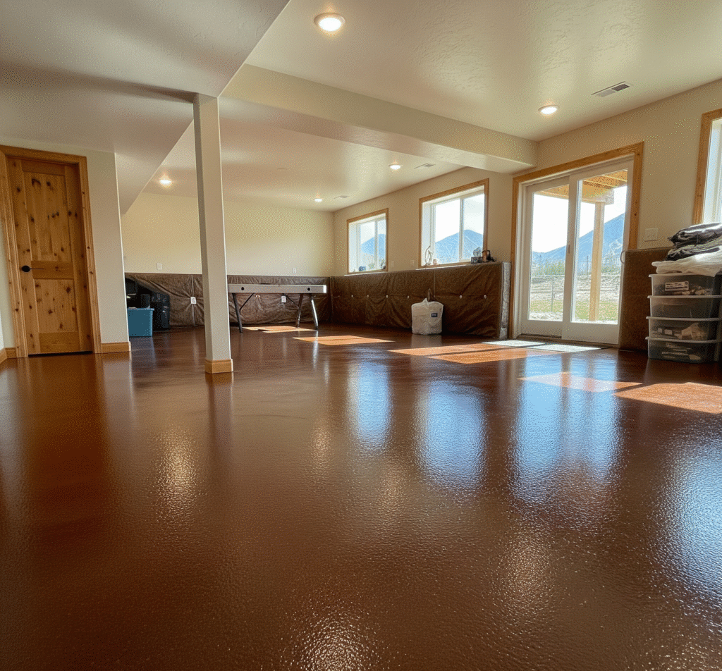 A brown, glossy epoxy floor in a finished basement with natural light streaming in from windows in Utah by Hermetic Coatings