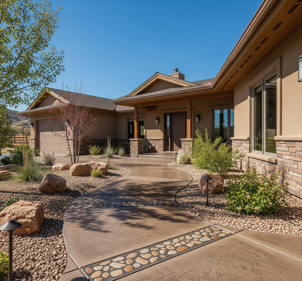 A stone and stucco Utah house with a winding walkway featuring decorative stone inlays in Utah by Hermetic Coatings