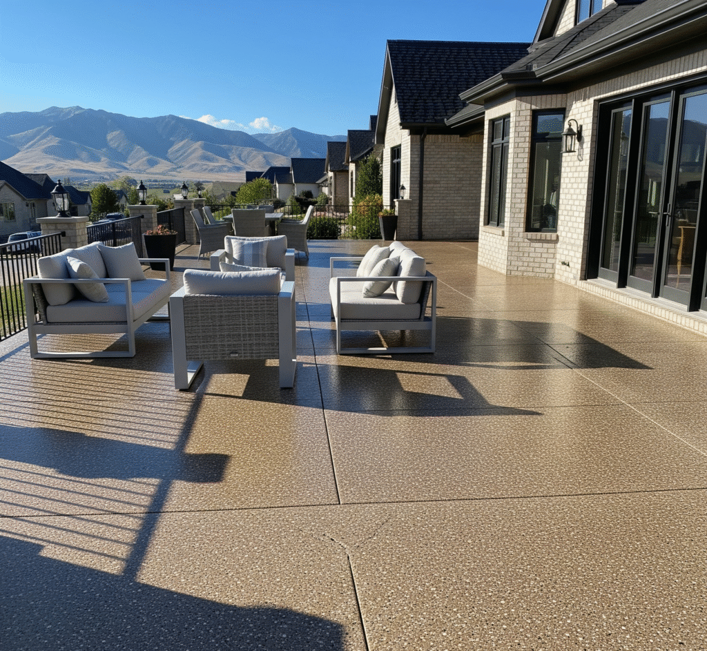 A modern outdoor patio featuring a durable epoxy coating, stylish grey patio furniture, and a scenic backdrop of mountains by Hermetic Coatings