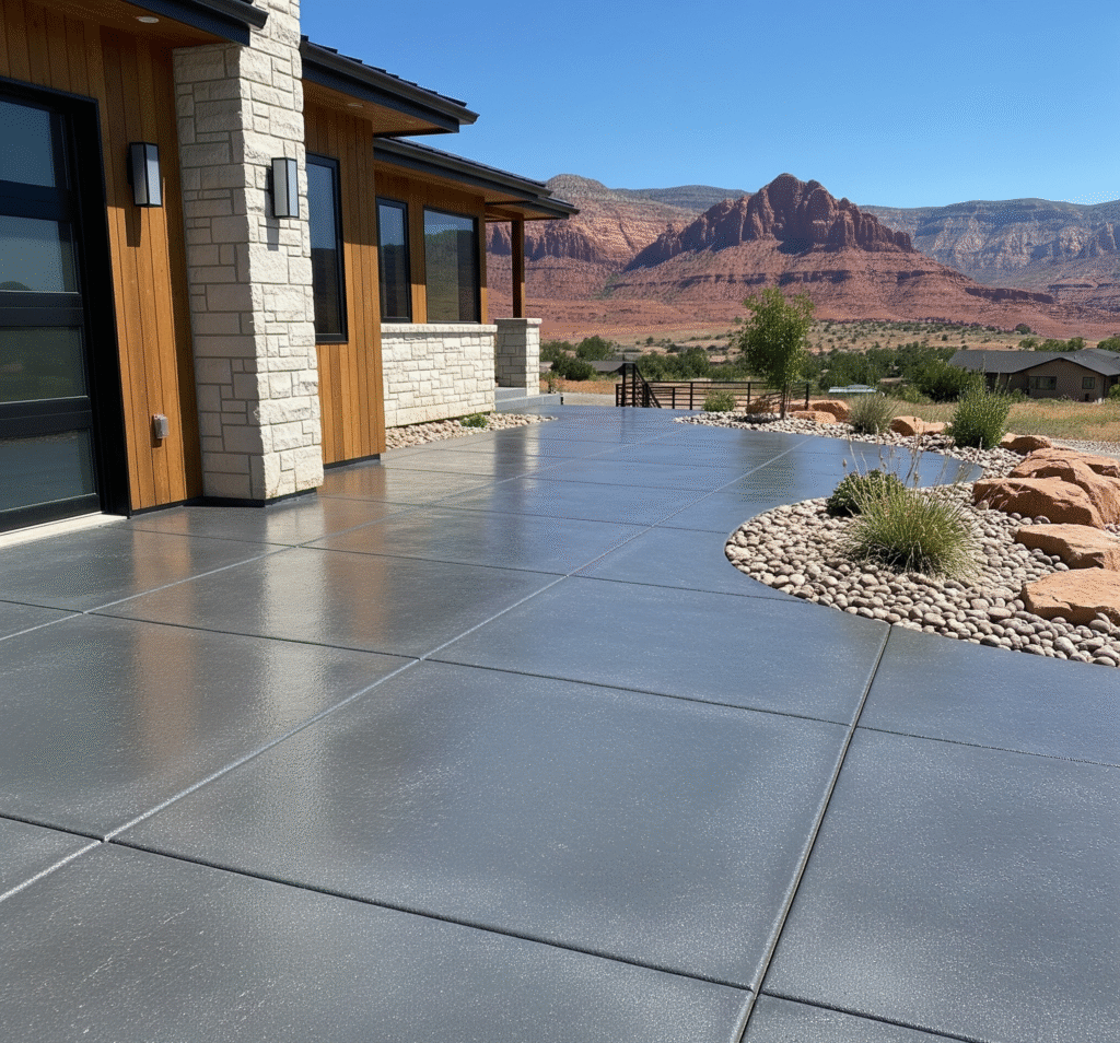 A modern Utah home with a durable polyurea concrete coating on the driveway and patio by Hermetic Coatings