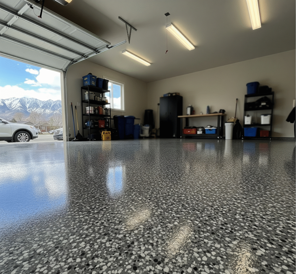 A glossy residential garage floor in Salt Lake City with a gray epoxy coating and decorative flakes by Hermetic Coatings