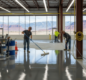 A team of workers applies a glossy gray epoxy coating to a warehouse floor in Utah, with a view of snow-capped mountains and red rock formations in the background by Hermetic Coatings