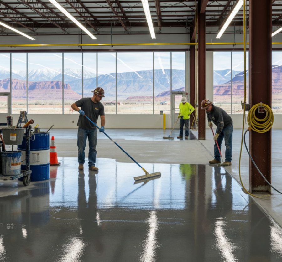 A team of workers applies a glossy gray epoxy coating to a warehouse floor in Utah, with a view of snow-capped mountains and red rock formations in the background by Hermetic Coatings