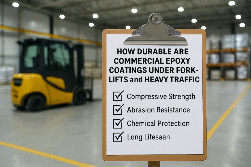 Warehouse with a yellow forklift on an epoxy-coated floor, clipboard listing durability features like strength, abrasion, and chemical resistance by Hermetic Coatings Utah