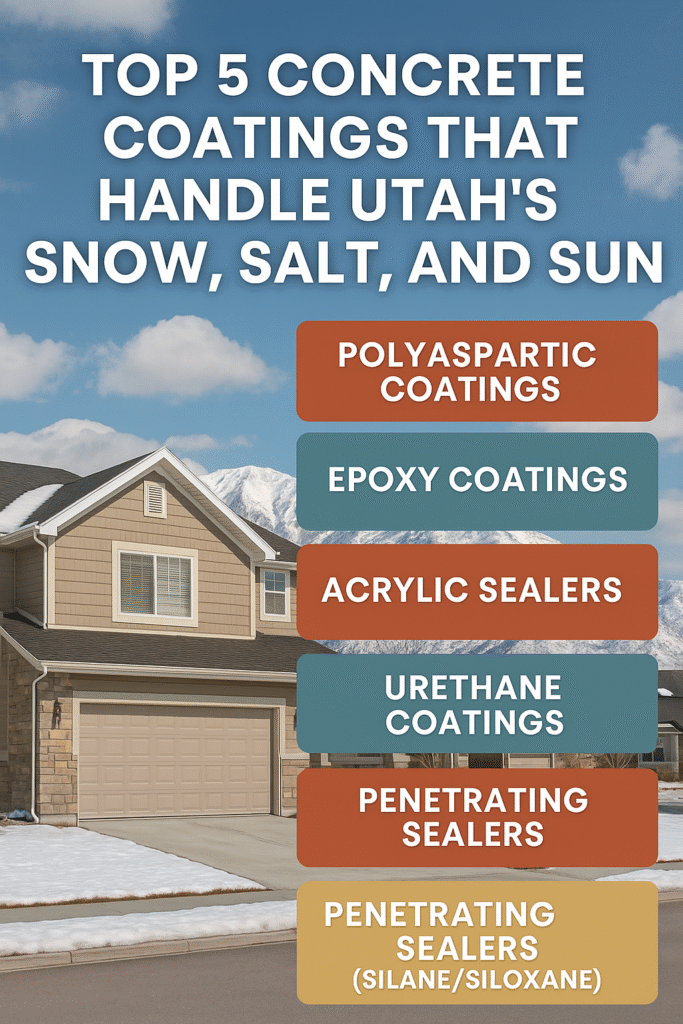 Suburban Utah home with snow on the ground, showcasing a list of the top 5 concrete coatings for snow, salt, and sun by Hermetic Coatings Utah