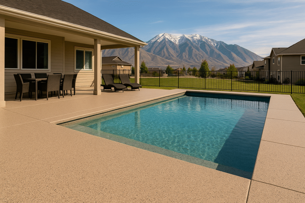 Utah backyard with a swimming pool, textured coated pool deck, and mountain views in the background by Hermetic Coatings Utah
