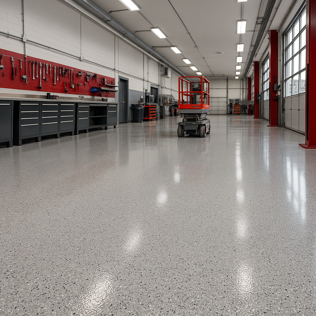 Epoxy-coated commercial workshop floor in Salt Lake City with a glossy, speckled finish and industrial equipment in the background by Hermetic Coatings