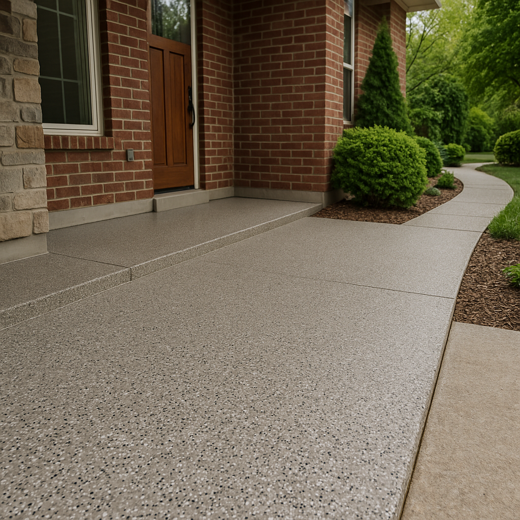 Slip-resistant coated concrete porch and walkway of a Utah home with a textured gray finish and landscaped garden by hermetic coatings