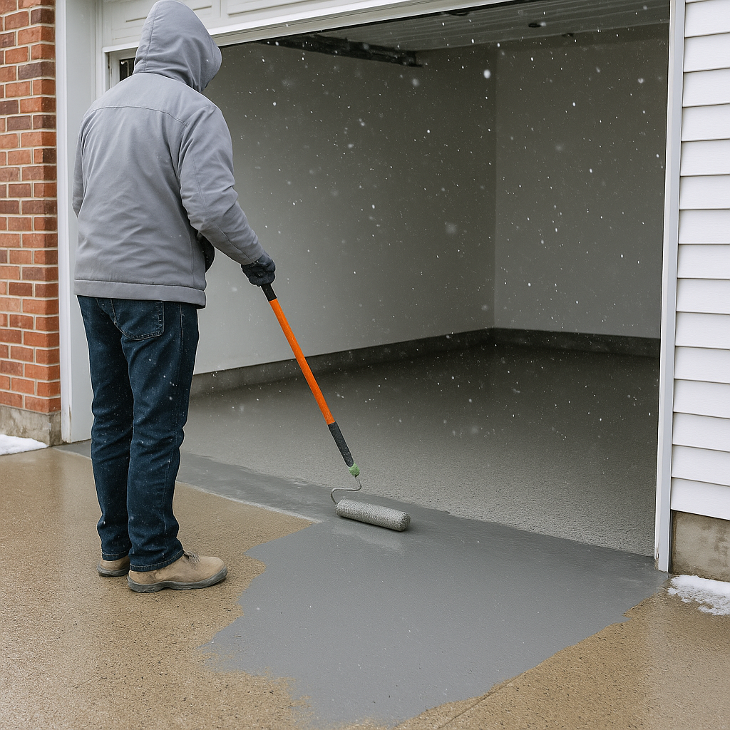 Worker applying gray concrete coating on a garage floor during snowfall, wearing a hooded jacket in cold Utah weather.