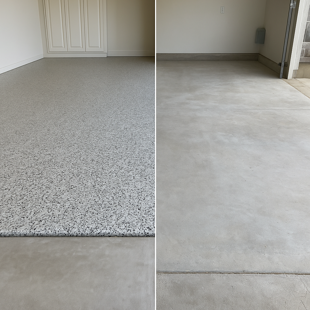 Side-by-side view comparing a glossy epoxy-coated garage floor with a plain sealed concrete floor under natural light by Hermetic Coatings