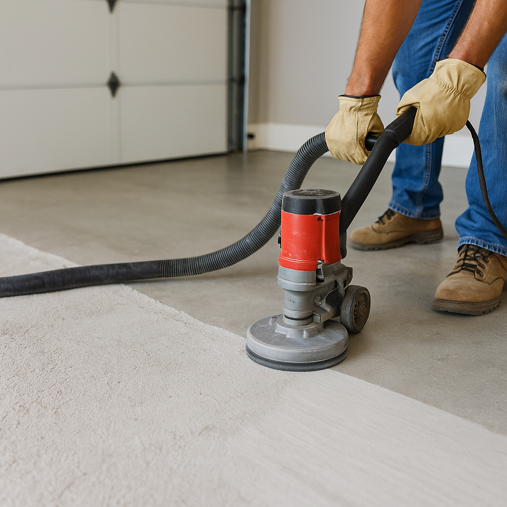 Worker grinding and preparing a concrete floor with a red power tool before applying a coating in a clean garage setting.