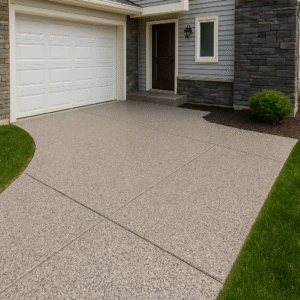 Concrete-coated driveway and garage floor of a modern Provo County home with a smooth, speckled finish and stone-accented exterior by Hermetic Coatings