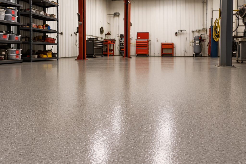 Commercial workshop floor showing a high-build epoxy coating with seamless, thick protection.