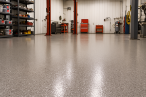 Commercial workshop floor showing a high-build epoxy coating with seamless, thick protection.