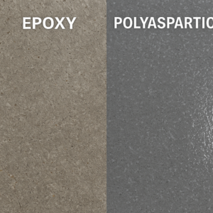 Close-up comparison of epoxy and polyaspartic coatings showing texture and finish differences.