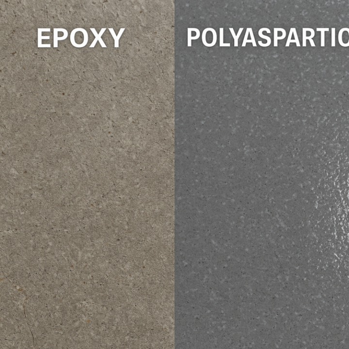 Close-up comparison of epoxy and polyaspartic coatings showing texture and finish differences.