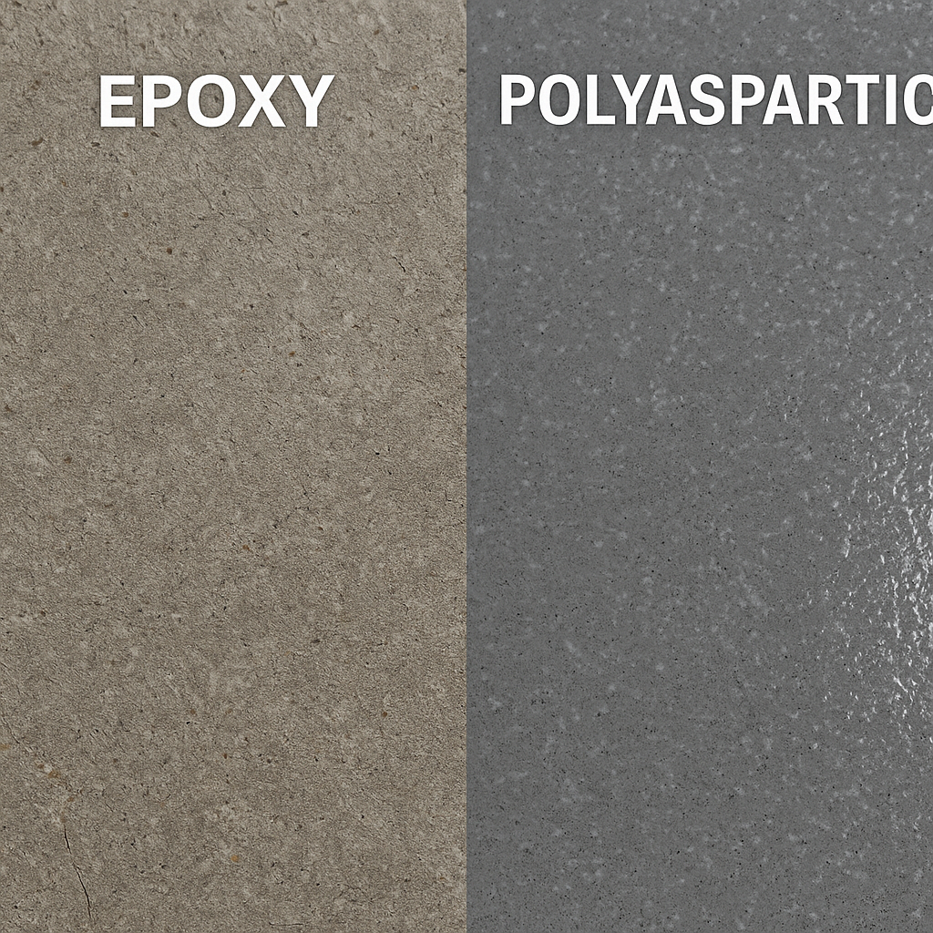 Close-up comparison of epoxy and polyaspartic coatings showing texture and finish differences.