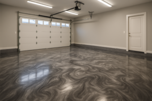 Metallic epoxy garage floor with silver and charcoal swirl pattern in a modern Utah home.