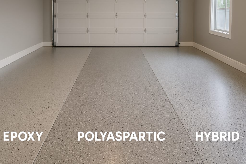 Side-by-side comparison of epoxy, polyaspartic, and hybrid flooring systems for residential and commercial use.